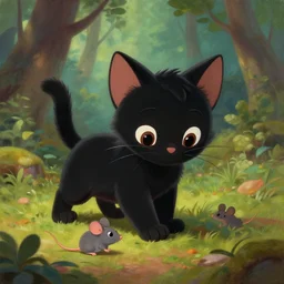 a beautiful painting of a cute black kitten in a forest. trying to catch a grey mouse. disney character design by cory loftis, fenghua zhong, ryohei hase, ismail inceoglu and ruan jia. artstation, volumetric light, detailed, photorealistic, rendered in octane