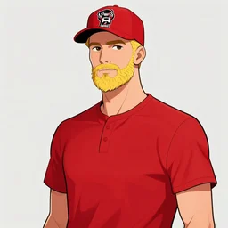 tall skinny white guy with very short blonde beard wearing an nc state red baseball cap and red shirt full color digital illustration in the style of don bluth, artgerm, artstation trending, 4 k