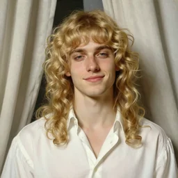 beautiful portrait painting of the androgynous pale blond prince Lucius with long curly blond hair, delicate young man wearing an open white dress shirt smiling sleepily at the viewer, curtain bangs over his eyebrows, symmetrically parted fringe, in love by J.C Leyendecker and Norman Rockwell