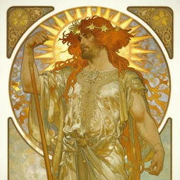 an art nouveau painting of a the celtic god lugh, beautiful, shining sun, highly detailed, intricate, artstation, by alphonse mucha and james gurney