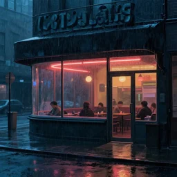 exterior of cyberpunk restaurant during a melancholy rainy night by hopper, edward