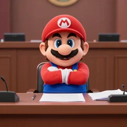 film still of super mario with his arms crossed sitting at a desk testifying in court in the new sci - fi movie
