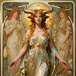 taurus goddess with bulls horns, soft fabric gown, luxurious and decadent, balanced earth sign, cinematic portrait by artgerm, cushart krenz, greg rutkowski, mucha. art nouveau. gloomhaven, gleaming vibrant colors, sharp edges. ultra clear detailed. 8 k. elegant, intricate, octane render