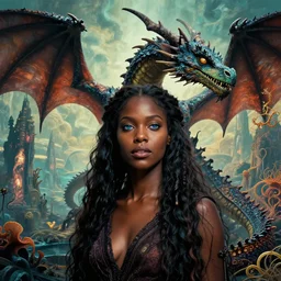 realistic detailed photorealistic film portrait shot of a beautiful black woman with a dragon, sci-fi landscape background by Denis Villeneuve, Amano, Yves Tanguy, Alphonse Mucha, Ernst Haeckel, Andrei Tarkovsky, Edward Robert Hughes, Roger Dean, rich moody colours, wide angle, blue eyes