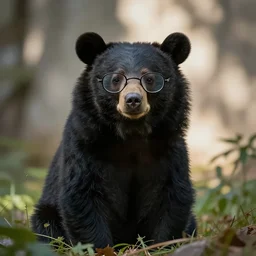 Cute shy black bear with glasses