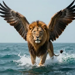 A lion with eagle wings emerging from the sea , digital Art, Greg rutkowski, Trending artstation, cinematographic, hyperrealistic