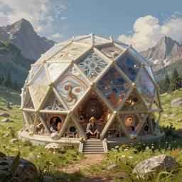 detailed nacreous hard shell alien spacecraft geodesic dome in a picturesque mountain meadow. mathias kollros mark winters villeneuve lie setiawan lius lasahido manuel castanon. portrait vivid intricate vibrant elaborate inks unreal engine render.