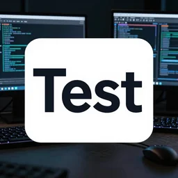 A high tech logo with Test written on it. In the background, we can see computers in hacking mode - n 4