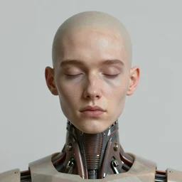 portrait of fresh faced android, bored, shut eyes, by alex grey