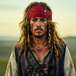 photo portrait of an rugged strong albino african pirate with a red headband | brown brown!!!!! vest | young adult, very thin blonde mustache, big afro blonde hair, stern face, rugged and dirty, cinematic lighting at sundawn, movie color grading