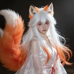 prompt A beautiful portrait of a white red orange kumiho, translucent silky dress, close up, long clumpy hair in the shape of fox tail, backlit, concept art, matte painting, by Peter Mohrbacher
