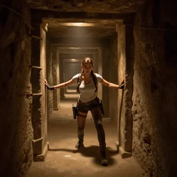 narrowly escaping a deadly trap, dimly lit underground dungeon, ancient tombs in the background, wide view, depth of field, lara croft