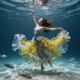beautiful woman dancing underwater wearing a very long flowing dress made of many translucent layers of silver and blue lace seaweed, bolts of bright yellow fish, caustics lighting from above shines on the sandy bottom, swirling silver fish and smoke shapes in the foreground and background, octane render, cinematic, hyperdetailed