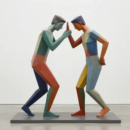kinetic sculpture of the two humans bodies collapsing each other, colorful, contemporary art, masterpiece, peaceful, romantic, geometric, symetrical, symetrical composition, in the style of Lori Earley and Antoine Blanchard