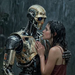 a painting that asks the viewer to question the very purpose of life when all memories will be lost in time like tears in the rain, the replicant roy batty is capable of showing more empathy than his human creators, in the style of blade runner, ridley scott
