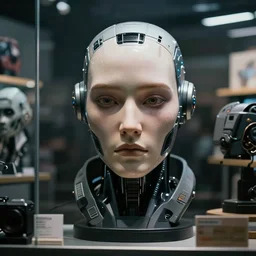 photo of a cyborg!! in sale, in a store display, hiding a dark secret, highly detailed face, expressive face, cyberpunk, year 3022, medium full shot, depth of field, ISO 300, aperture f11, 1/100 obturation speed