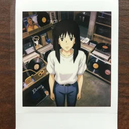 a film still overhead view a full body polaroid portrait of a 1 9 8 0's girl working at a vinyl stall, finely detailed features, full body mid shot, detailed smooth face, perfect art,, trending on pixiv fanbox, painted by gaston bussiere, makoto shinkai, akihiko yoshida, gaston bussiere, craig mullins, studio ghibli