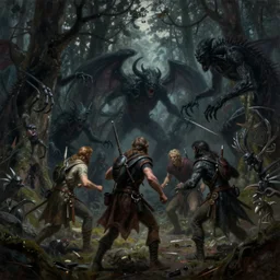 a party of adventurers being attacked by pitch black creatures made of shadow in a magical forest, oil painting, greg rutkowski