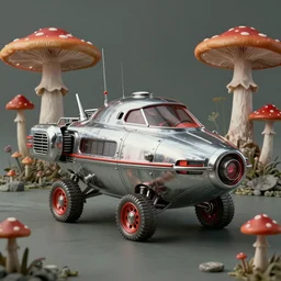 1 9 5 0 s retro future robot army amphibious vehical home. muted colors, swamp mushrooms by jean baptiste monge, chrome red