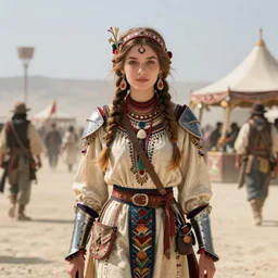 detailed ultrarealistic photography front medium shot of burningman dnd fantasy festival ethnic rustic emma girl warrior leyendecker, norman rockwell, greg rutkowski, jim henson artstation cinematic, vray game of thrones, lord of the rings