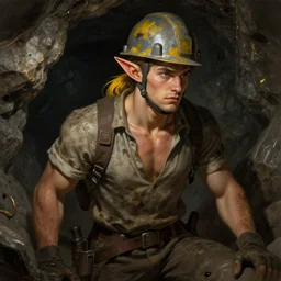picture of male miner young pointy eared elf inside a gold mine, burly, work clothes, safety helmet, light skin, dark yellow hair, ponytail, sweat, dirty clothes, high fantasy, highly detailed, detailed faces, smooth, sharp focus, chiaroscuro, dnd, digital painting, concept art, rossdraws and moebius and jon mcnaughton