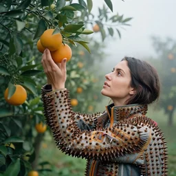 a closeup portrait of a woman wearing a ski suit made of rusted nails and ribbons, picking oranges from a tree in an orchard, foggy, moody, photograph, by vincent desiderio, canon eos c 3 0 0, ƒ 1. 8, 3 5 mm, 8 k, medium - format print