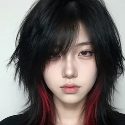 a pale emo girl with messy black hair, a dyed red hair highlight, soft facial features, bang covering one eye, neutral expression, instagram picture
