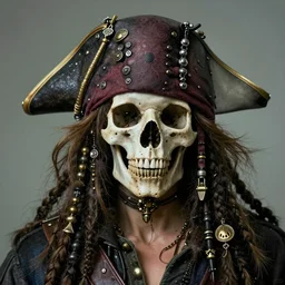 realistic portrait of a pirate of bones, dark, gold, silver ornaments, facing camera, photo realistic, detailed, 1 4 5 0, delicate, hyper realism, ultra realistic, 8 k