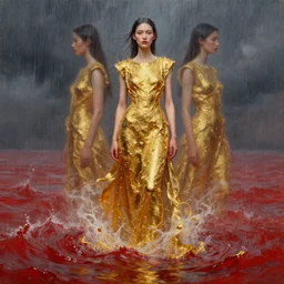3 d, rain, boiling liquid gold ocean storm, red water, fashion model, poster art, high detail, intricate oil painting, multiple exposure, heaven mood, hyperrealism, 3 d, by tooth wu and wlop and beeple and greg rutkowski
