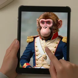 frida khalo using a tablet to portray a monkey dressed as a napoleonic general, realistic photo, high quality