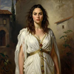 Oil painting of the beautiful woman Gal Gadot, she is wearing some withe old cloths and a surreal ornate, her hair is natural disheveled, she has an ancient italian village as background, naturalism, dramatic lighting, high-detailed oil painting by Ilya Repin, Michelangelo da Caravaggio, William Blake, Alex Grey and Beksinski, trending on Artsatio, masterpiece, 4k, 8k,