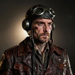 portrait, headshot, angled, d, grizzled, scarred, victorian retro - futurist pilot, leather pilots uniform, heroic composition, by diego gisbert llorens and donato giancola, loish, moebius, regal, dramatic lighting, backlit, spot lit, shadowed, mysterious, tattoos, intricate, hyper realistic, hyperdetailed, centered, cinematic