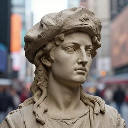 extreme long - shot photograph of a renaissance clay sculpture of margot robbie wearing a phrygian cap in times square, made by michelangelo, very detailed, sharp focus, 8 k resolution, ray tracing