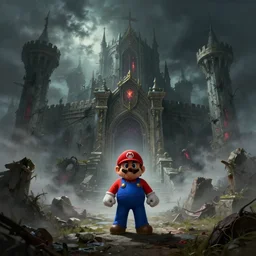 concept art of mario in a ruined kingdom, resident evil, horror, occult, terror, mist, volumetric render, digital painting, detailed painting