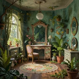 beautiful digital matte painting of a whimsical botanical shabby chic dressing room by greg rutkowski and edward hopper, vivid artstation, behance hd