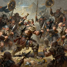 painting of a dwarven berserker fighting a crew of crazy goblin warriors, sharp focus, high coherence, award - winning, trending on artstation, masterpiece, highly detailed, intricate. art by christopher rush