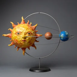 a kinetic sculpture of this solar system, sun, orrery, canon 5 d 5 0 mm lens, papier - mache, studio, 1 9 8 7