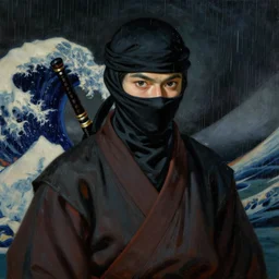 portrit of a ninja on a rainy night by joaquin sorolla, syd mead, hokusai