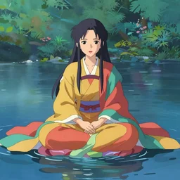 a himalayan woman sitting in water, ritual, mage, beautiful gown, vibrant colors, somber, by Makoto Shinkai and Wojtek Fus, by sakimichan, rossdraws, by artgerm