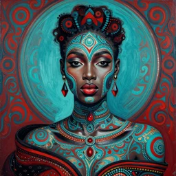 beautiful painted portrait of a gorgeous black woman, her skin in the pattern style of e. a. seguy and edouard benedictus, turquoise and red, intricate details, opulent, hyper detailed, surrealism, vibrant and vivid