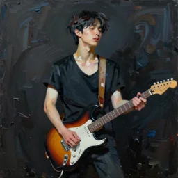 abstract large swirly brush strokes painting of a young korean man wearing black low neck t shirt holding a telecaster!!! electric guitar!!, candid!! dark background, huge thick flowing dramatic brush strokes, matte colors, abstract, emotional masterpiece, impressionist, trending on artstation