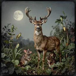 a terrible creature with the head of a deer, the body of a mouse, high growth : : 4, surrounded by lush plants, moon, metamorphosis in the spirit of giger, film photography, by ansel adams tintype 1 8 0 0 s - n 9