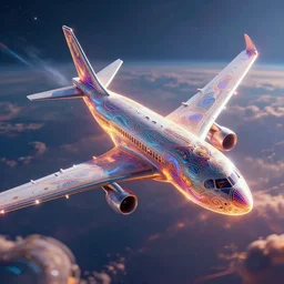 the airplane flies across the sky, where it goes is in your mind. detailed concept art. octane render. hdr. volumetric lighting. colorful. space age. superscience. stunning. in the style of jean - claude mezieres. glowing. ornate and intricate linework. sharp focus. depth of field. dynamic lighting. ultrafine. hyperdetailed.
