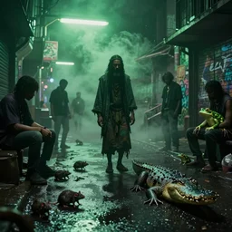 voodoo people film clip by the prodigy, cyberpunk, creole, dark magic, green whispy fog, street scene, fluorescent street lights, dirty rats, alligator shaman, faint feeling of doom, wet asphalt, reflected light, sullen bystanders, detailed render, gloomy, frog spirits, graffiti, ray traced shadows, ray traced reflections, trending on deviantart, dlss, volumetric fog, volumetric light, 8 k