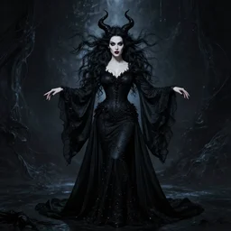 style of henry fuseli : : gorgeous willa holland : : evil witch, swirling black magic, black dress : : symmetrical face, symmetrical eyes : : full body pose : : gorgeous black hair : : magic lighting, low spacial lighting : :