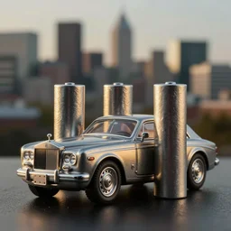 3 5 mm photo of metallic 1 9 9 9 rolls royce boat tail, like die cast model, with a blur montreal city as background, golden ratio, dramatic lighting, medium shot, shallow depth of field, 8 k, epic cinematic, epic lighting