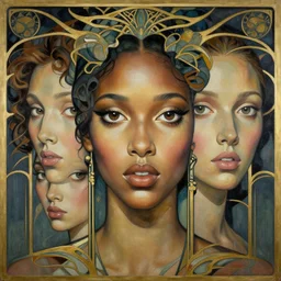 a streamline moderne, art nouveau, multi - ethnic and multi - racial portrait in the style of peter gric, and in the style of donato giancola, and in the style of charles dulac. intelligent, expressive, very large eyes. symmetry, ultrasharp focus, dramatic lighting, photorealistic digital painting, intricate, elegant, highly detailed, symmetrical.