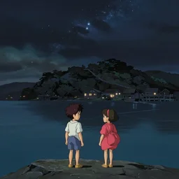 a very dull wide shot still from ponyo ( 2 0 0 8 ) of matsushima bay on a starry night. perfect art, grimdark, trending on pixiv fanbox, painted by studio ghibli