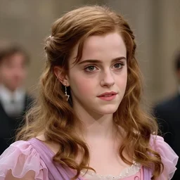 hermione! granger! at hogwarts!! at the yule ball wearing pink and purple dress. emma watson. beautiful detailed face. by artgerm and greg rutkowski and alphonse mucha