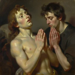realistic view, oil painting of a man in a praying to a fake god who looks cynical